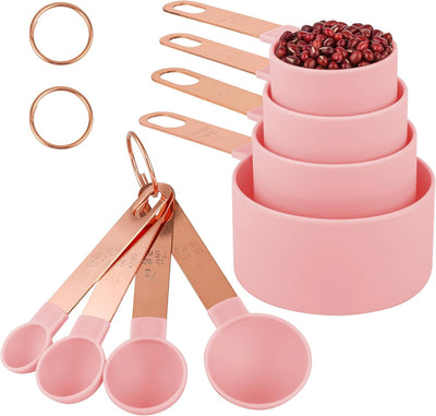 Set 8 Pzas Tazas y Cucharas Medidoras Acero Inox Mango Oro Rosa