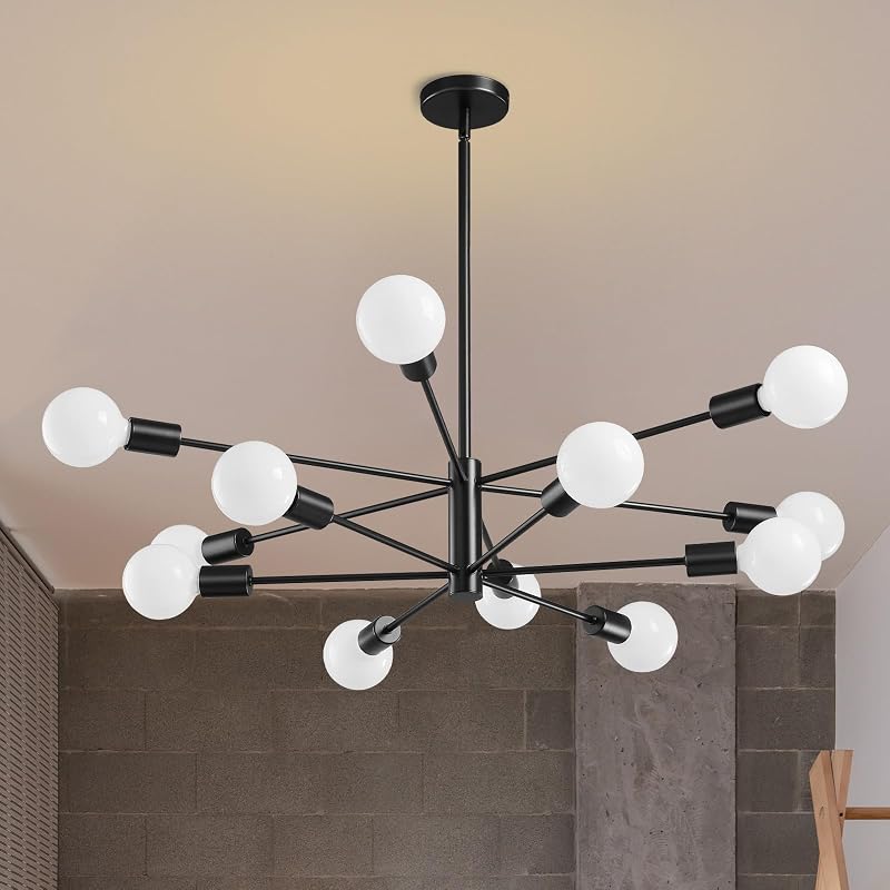 Lámpara de Araña E26 12 Luces Negro Ajustable para Comedor