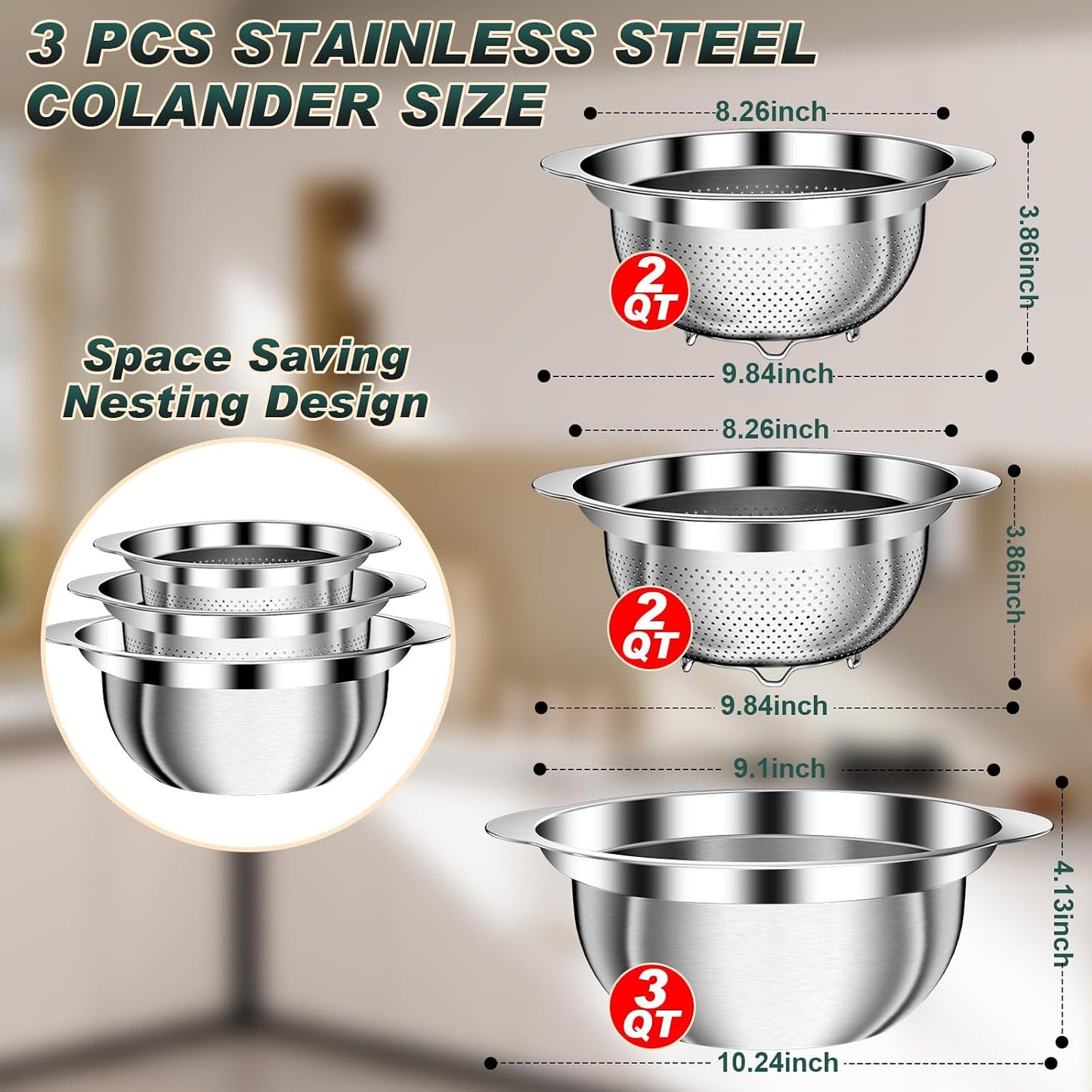 3 Pzas Colador Acero Inox con Tazón 2.0qt y 3.0qt