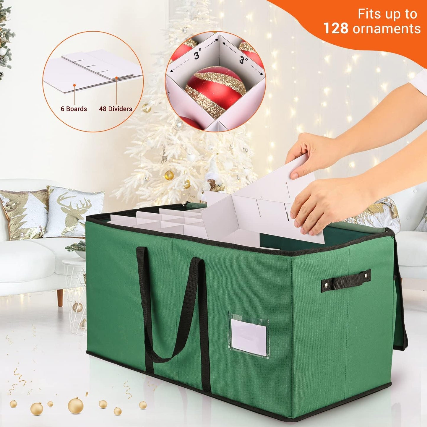 Caja almacenamiento adornos navideños 128pzas 3"
