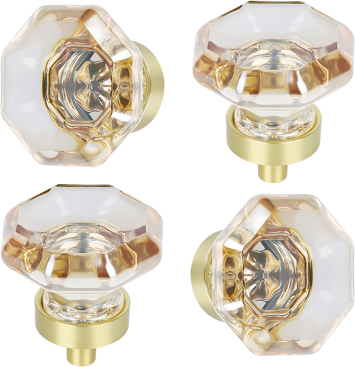 4 Pomos Cristal Champán Cajón Tocador Base Latón Oro