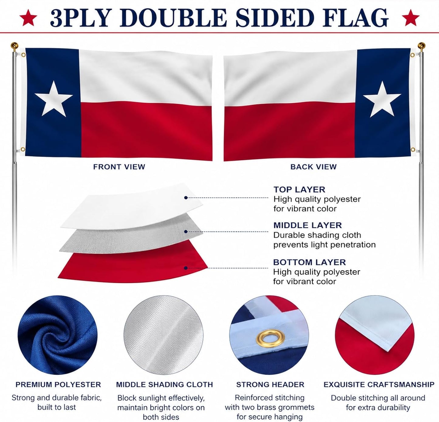 Bandera Texas doble cara 2x3ft lona resistente UV