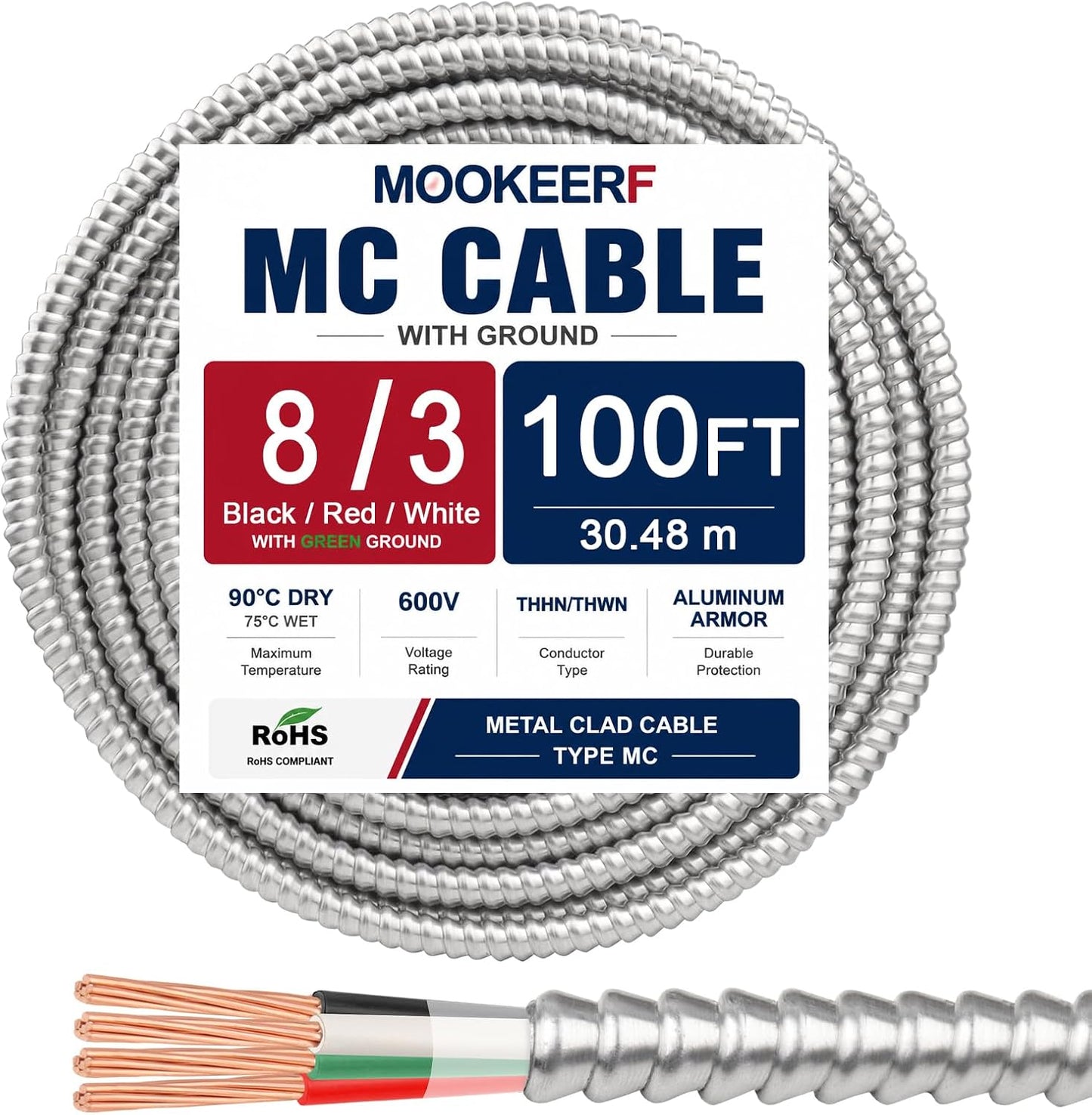 Cable MC 8/3 con tierra 100pies cobre puro armadura aluminio