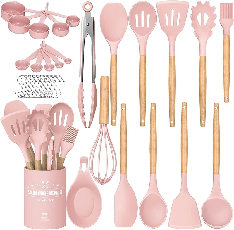 Set 33 Pzas Utensilios Silicona Antiadherente Mango Madera Rosa