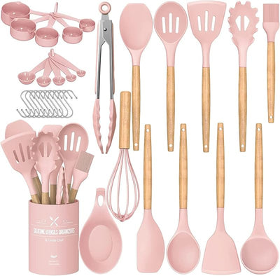 Set 33 Pzas Utensilios Silicona Antiadherente Mango Madera Rosa