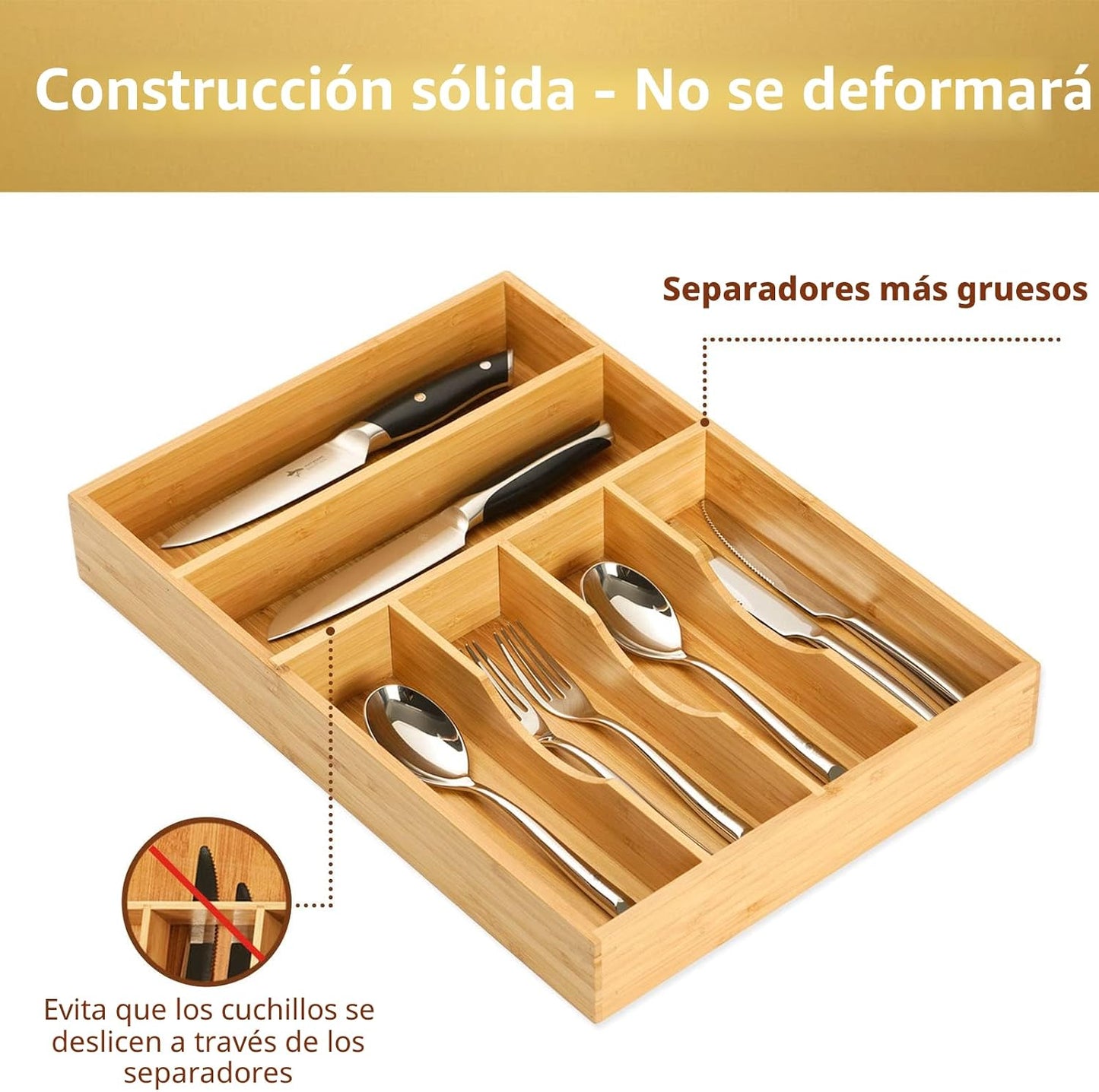 Organiz. cajón cocina 12" bambú 6 ranuras antiderrap