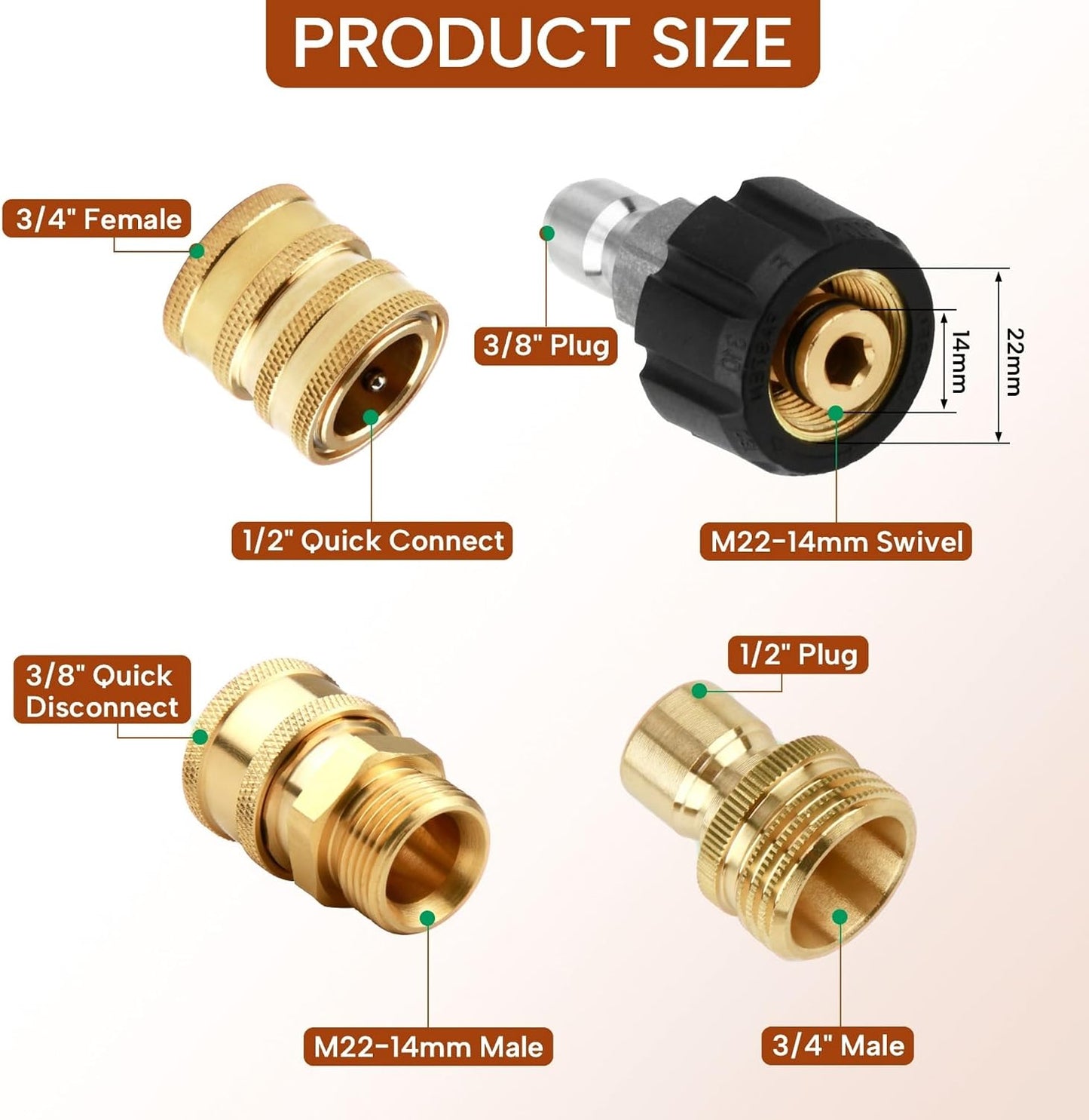 Set 8 pzas adaptadores M22 a 3/8 y 3/4"