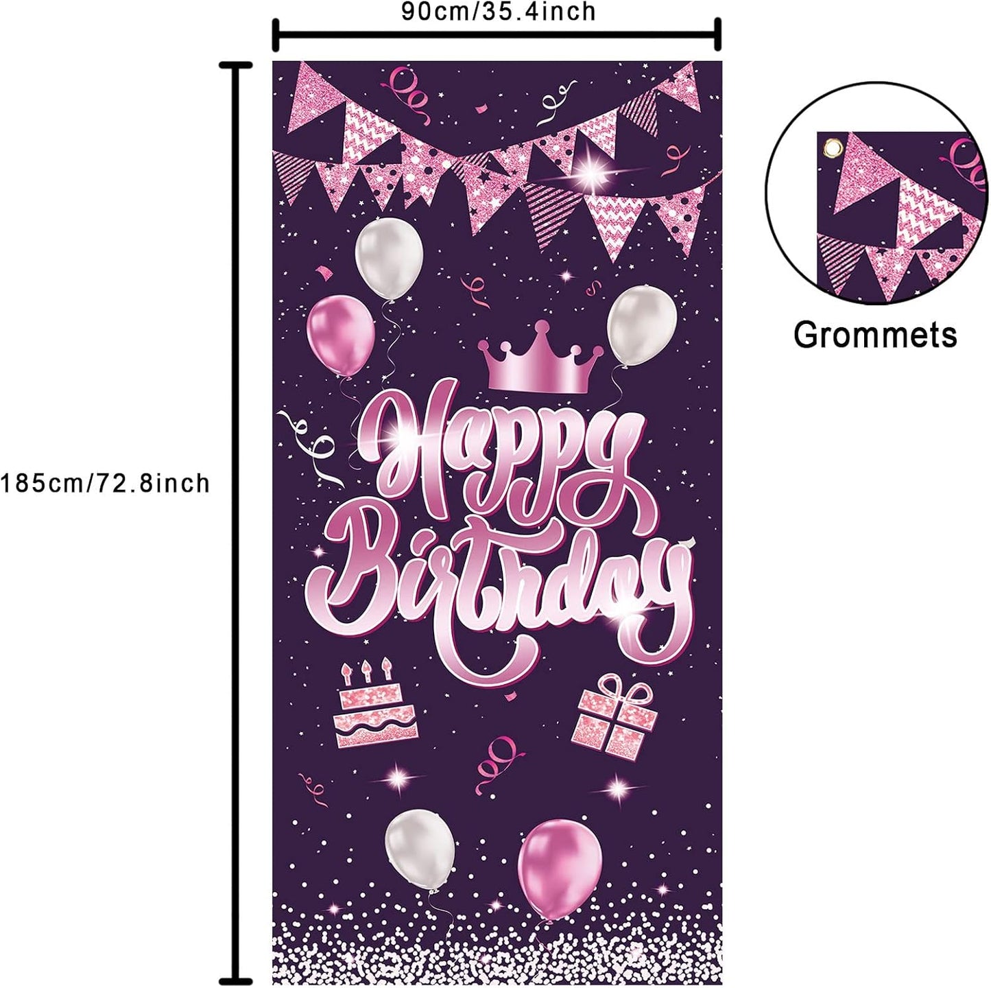 Cartel feliz cumpleaños rosa globos confeti puerta