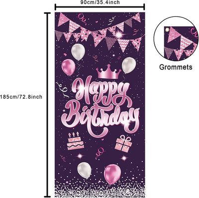 Cartel feliz cumpleaños rosa globos confeti puerta
