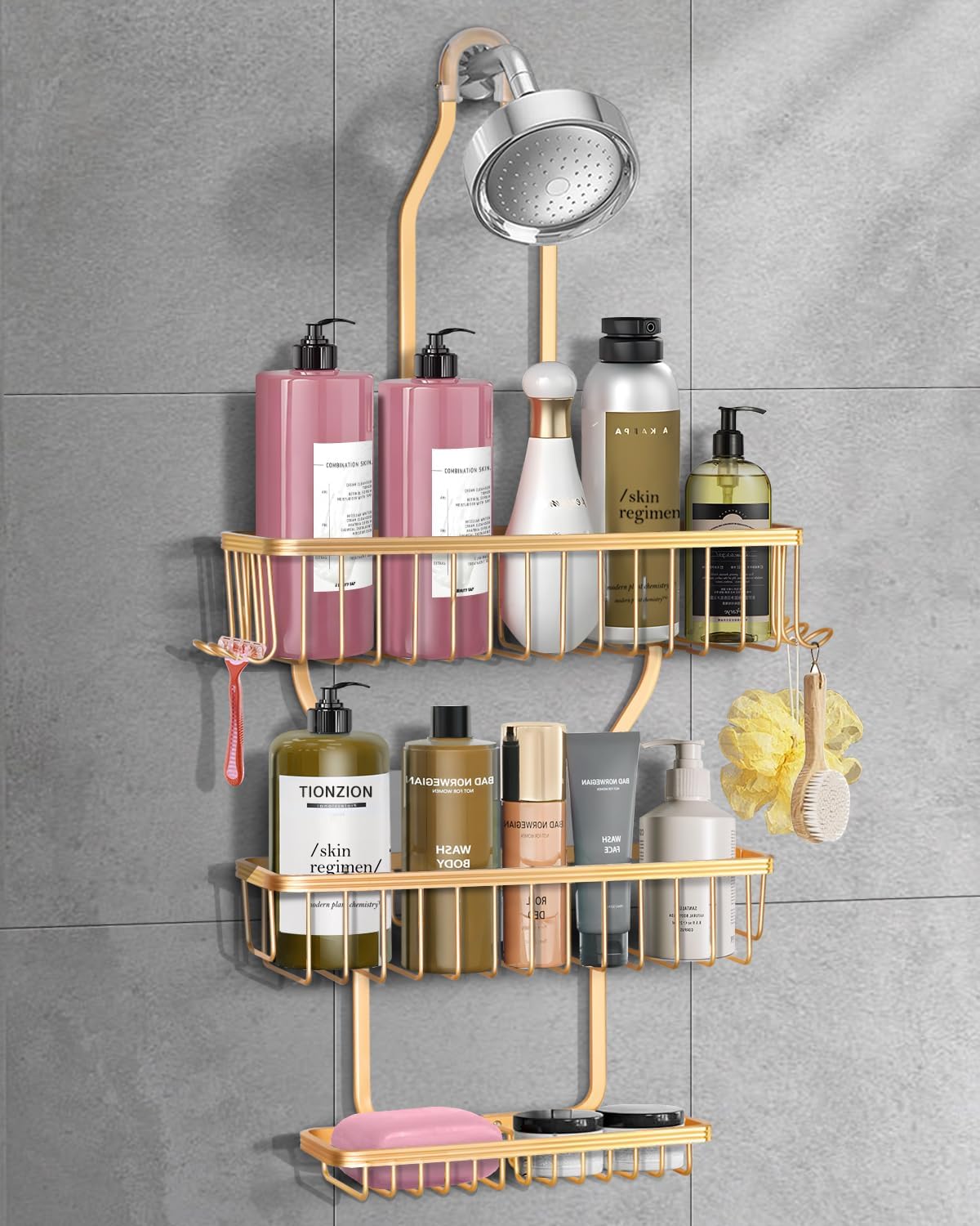 Organiz. ducha colgante aluminio 6 ganchos canasta jabón