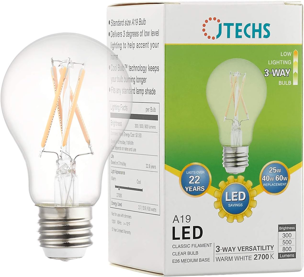 Bombilla LED A19 3 vías 2700K blanco cálido 25-60W