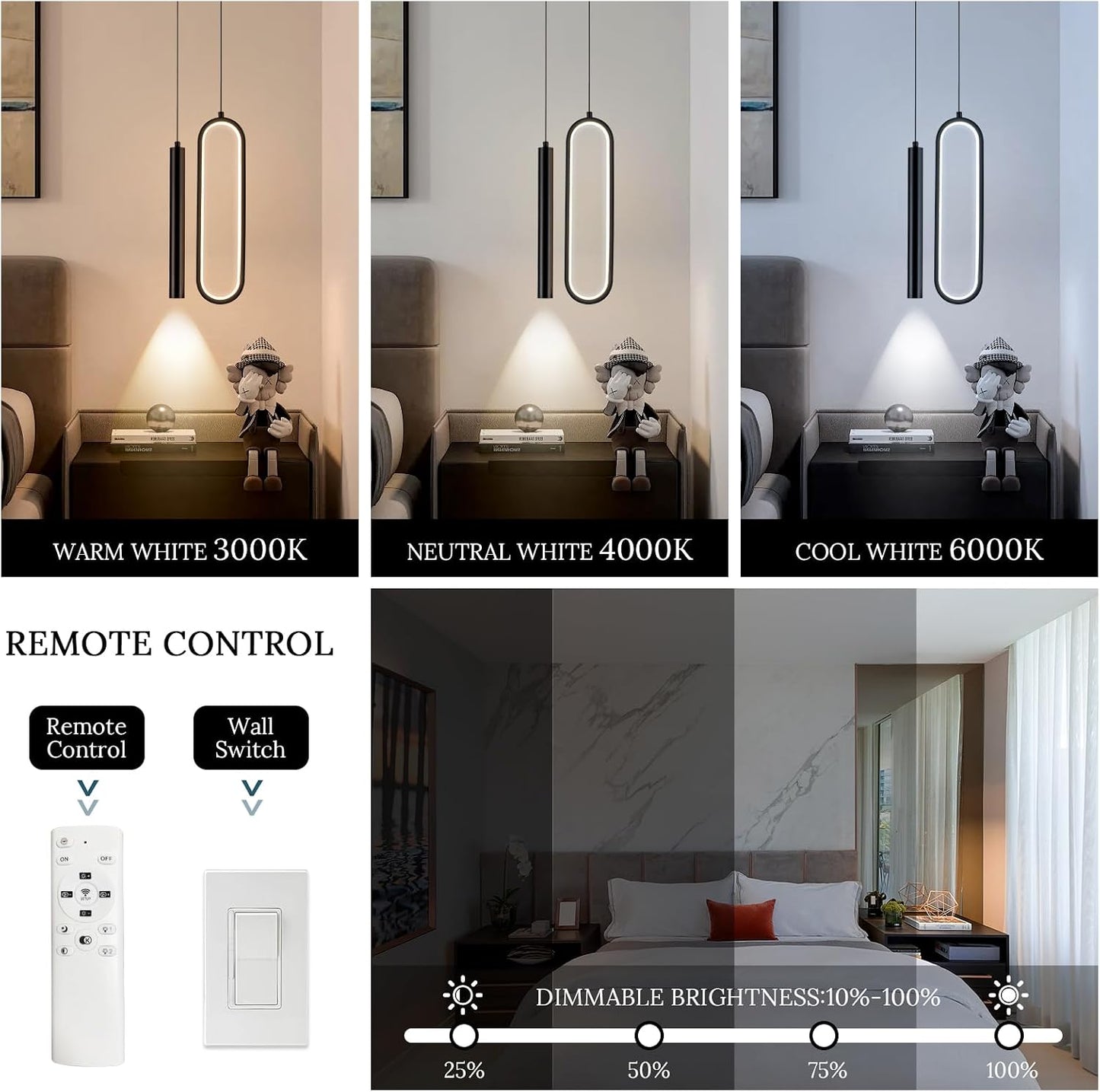 Lámpara colgante LED negra control remoto 24W dormitorio