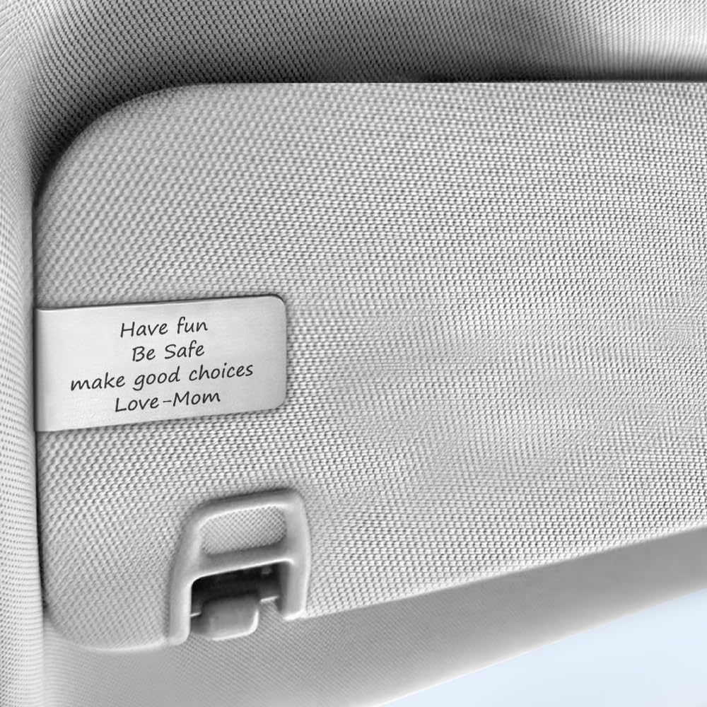 Clip visera acero inox grabado accesorio coche seguridad