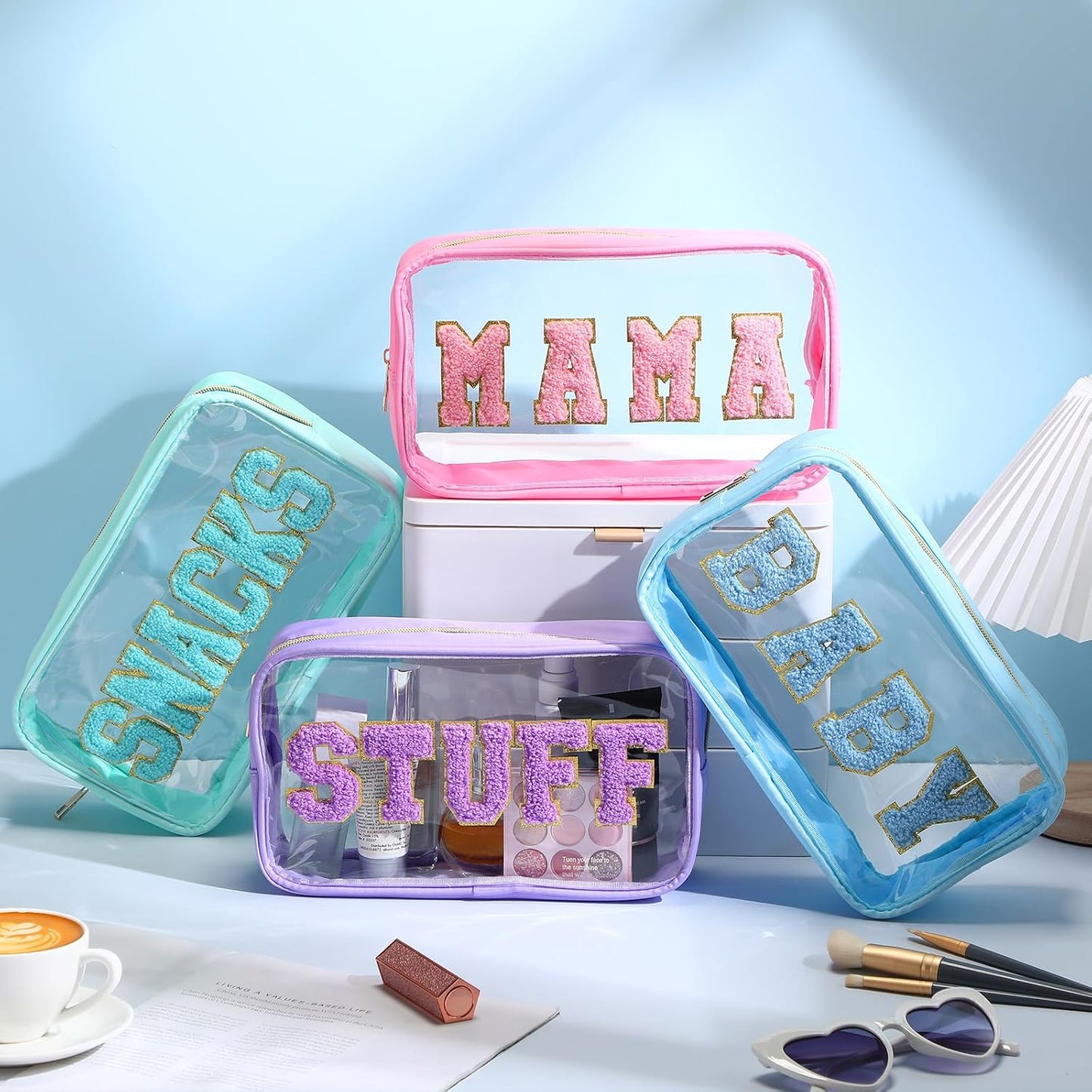 4 bolsas aseo mamá bebé transparente cremallera pastel