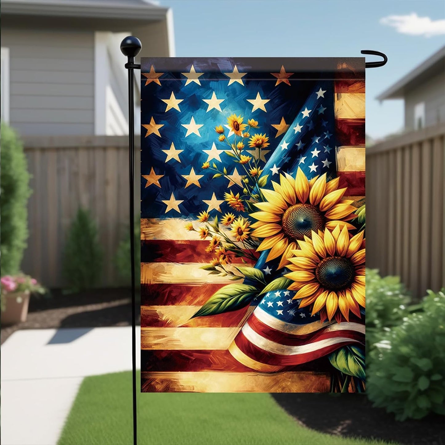 Bandera patriótica verano con girasoles 12x18pulg jardín