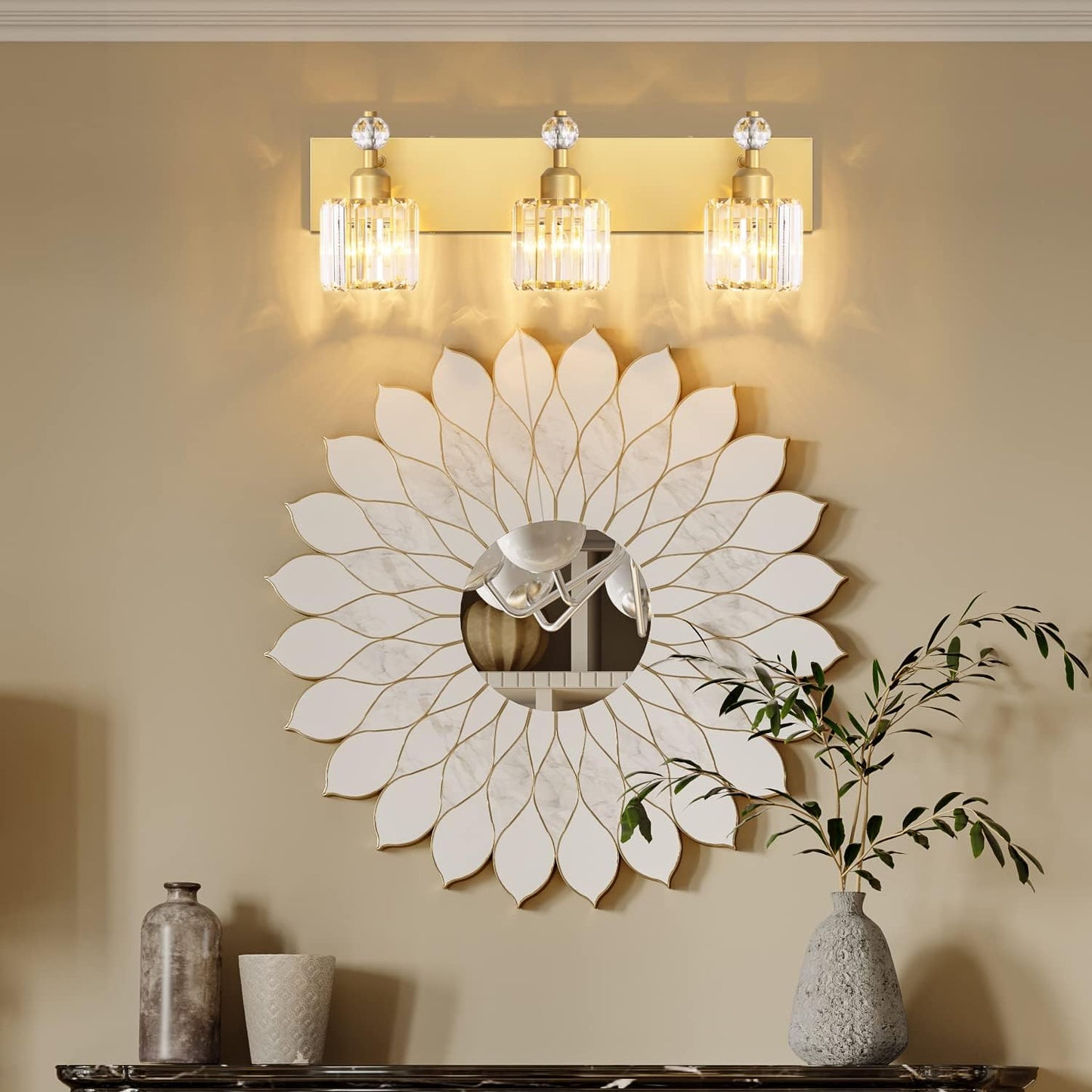 Lámpara de pared 3 luces cristal baño moderna dorada