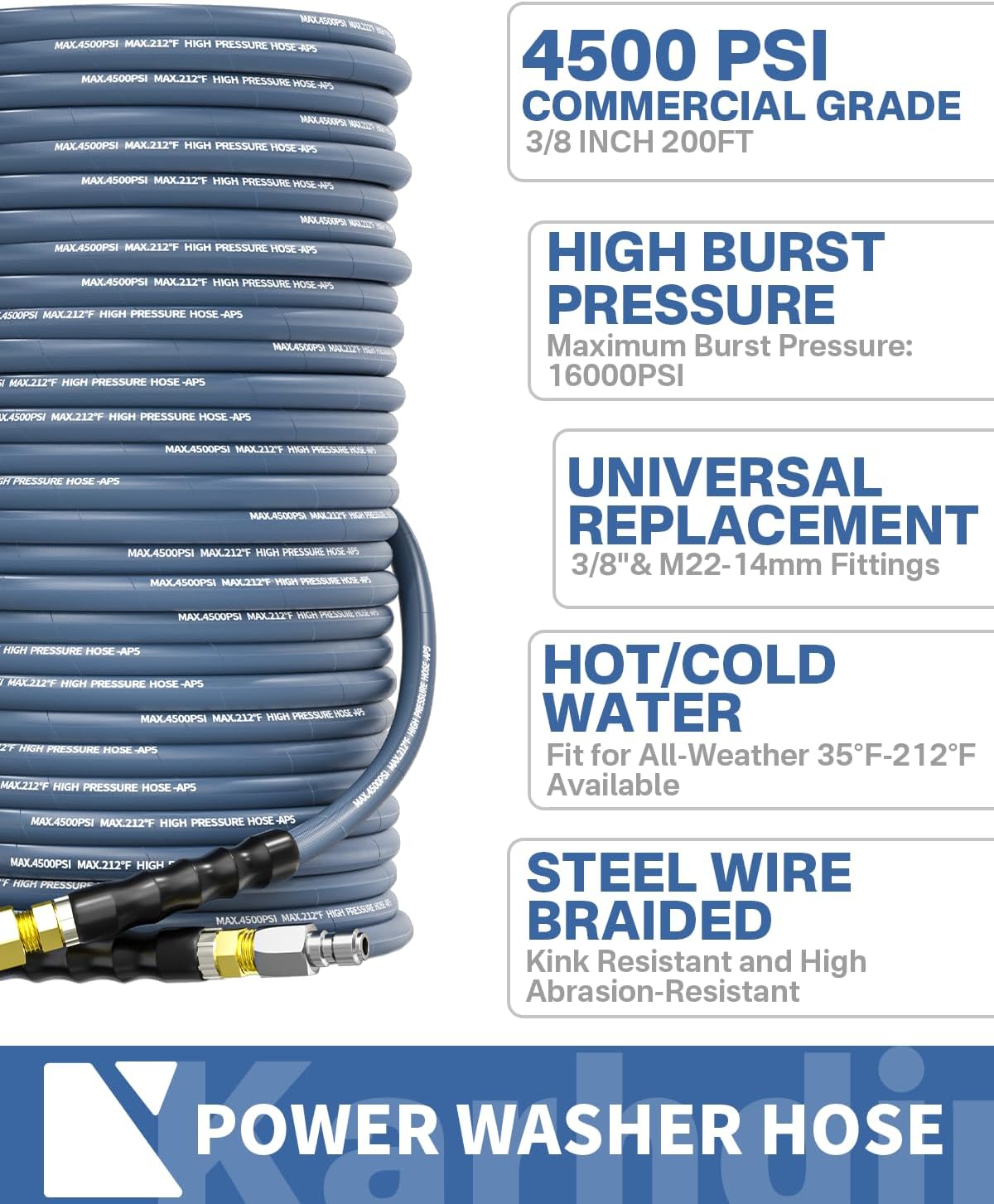 Manguera lavadora presión 200ft 3/8 acero resistente 4500PSI