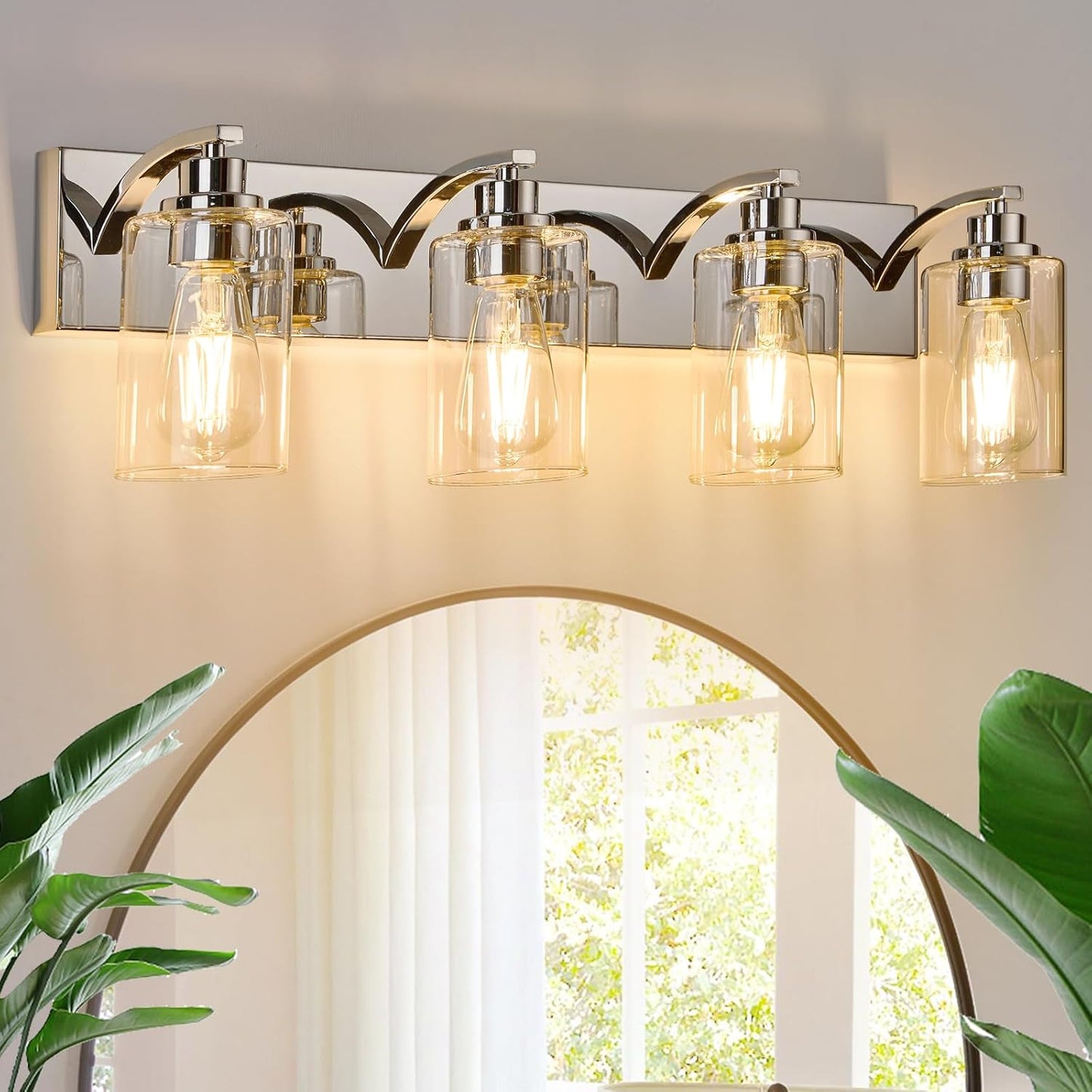 Lámpara baño 4 luces cromadas modernas sobre espejo