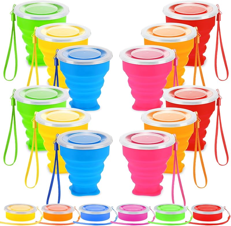 12 Tazas Silicona 7.04oz Plegables para Viajar con Tapas