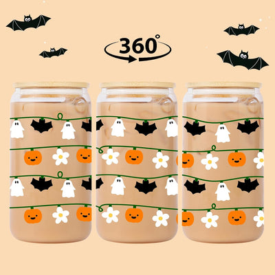 Guirnalda luces fantasma Halloween taza vidrio 16oz con pajita