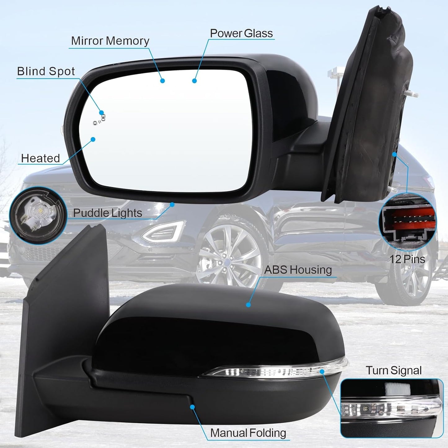Espejo lateral Ford Edge 15-24 vidrio plegable eléctrico