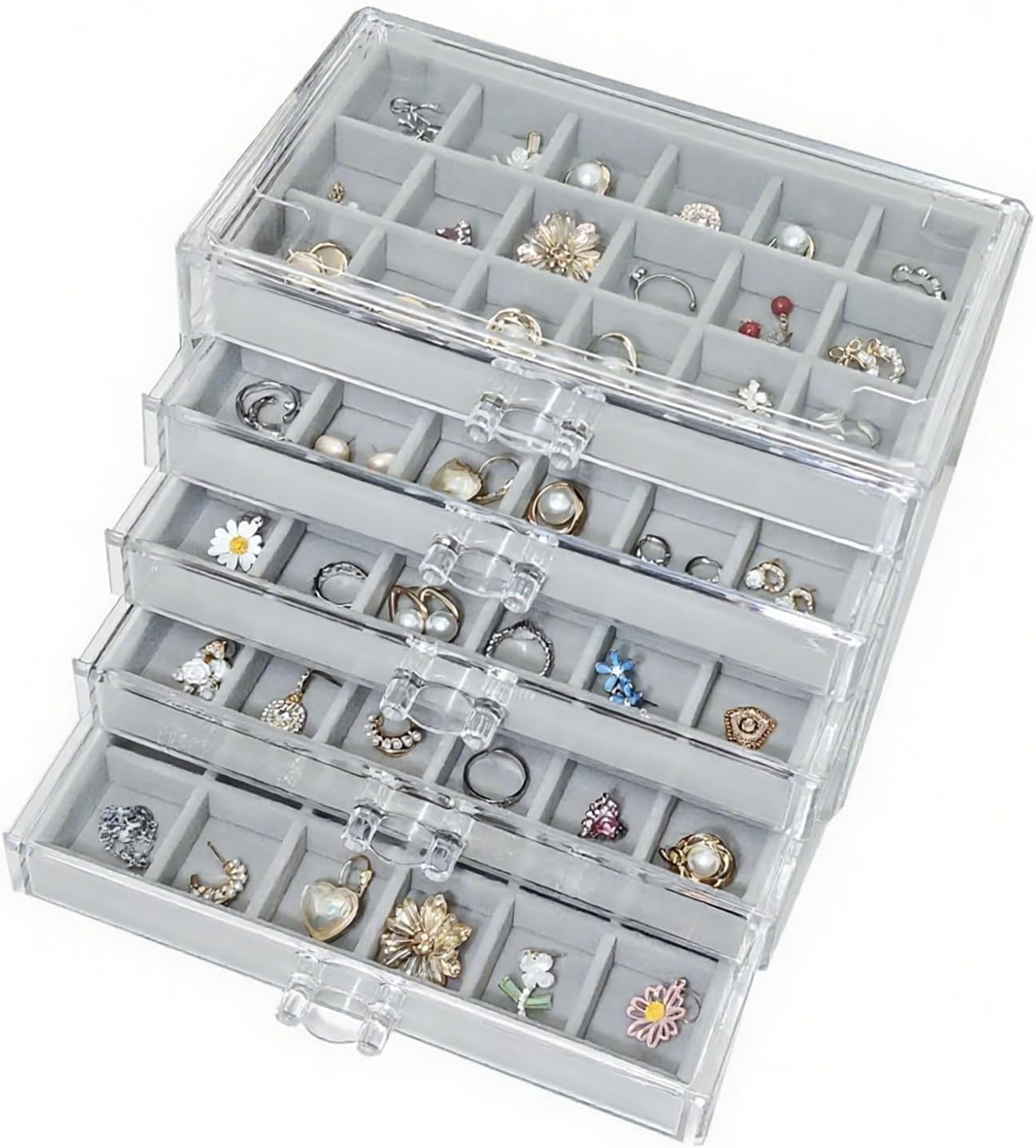 Organiz. aretes acrílico 5 cajones terciopelo gris