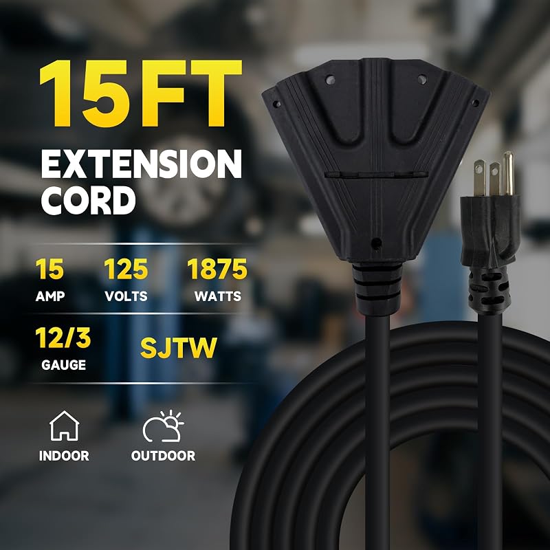 Cable extensión negro 15pies 12AWG exterior 3 salidas 15A