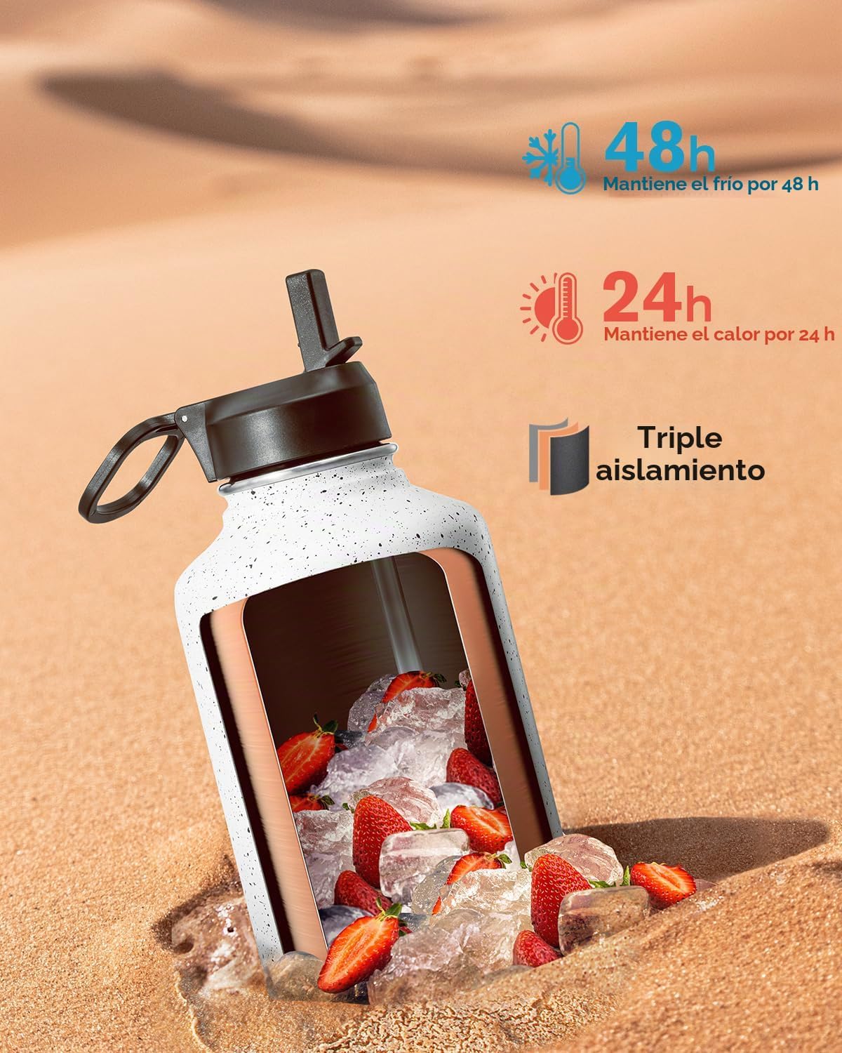 Botella agua acero inox al vacío popote 3 tapas Galaxy