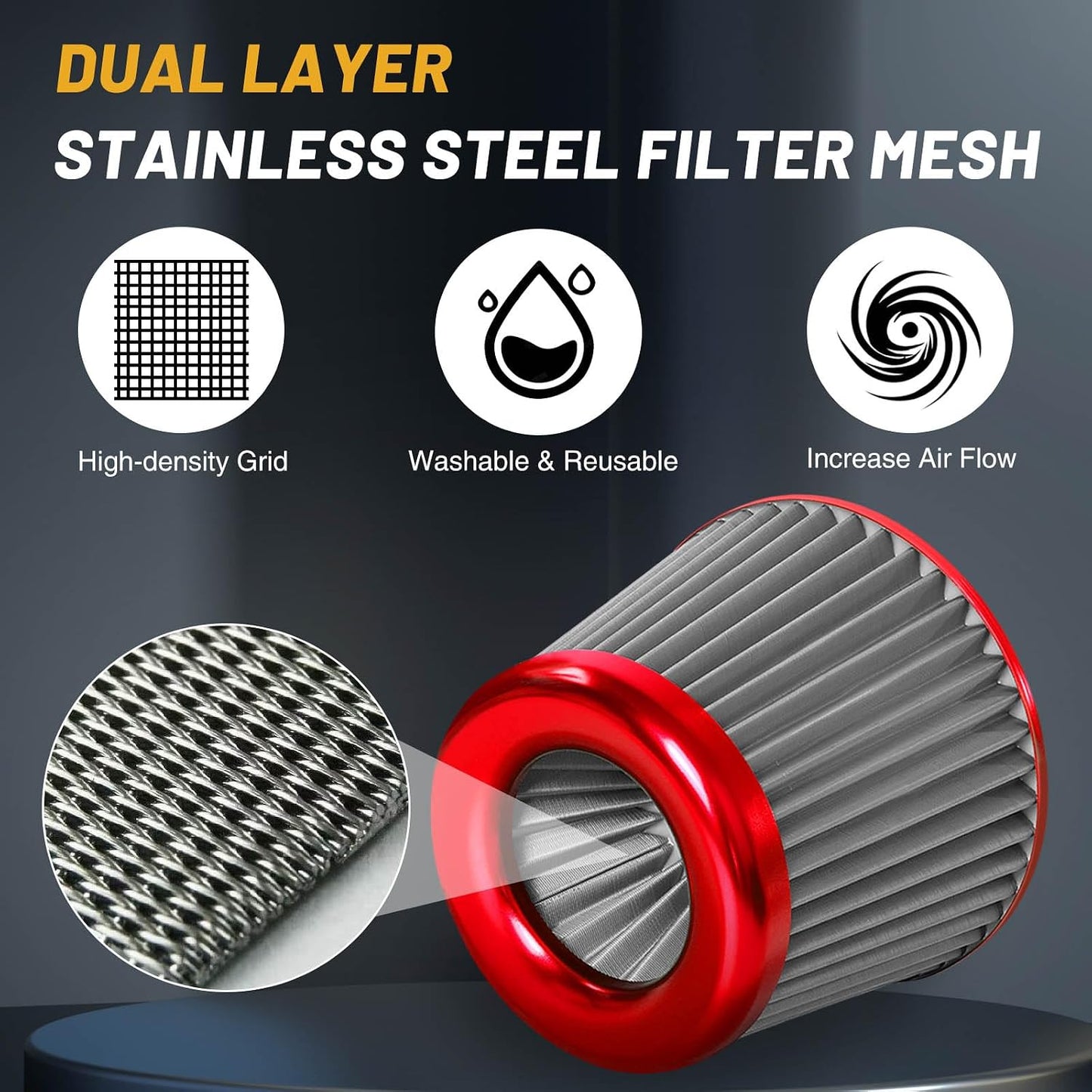 Filtro aire universal cono acero inox 76mm rojo