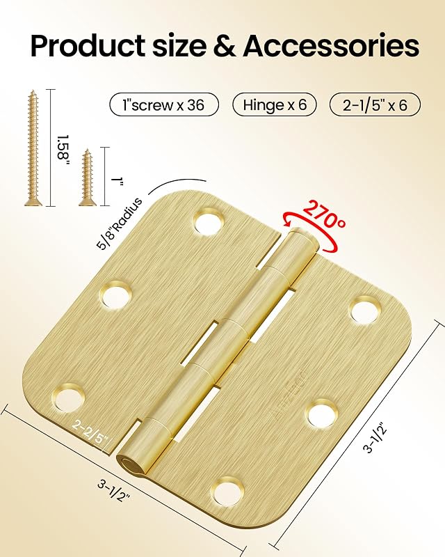 Bisagras puerta doradas 3.5" redondas 24 pzas latón satinado