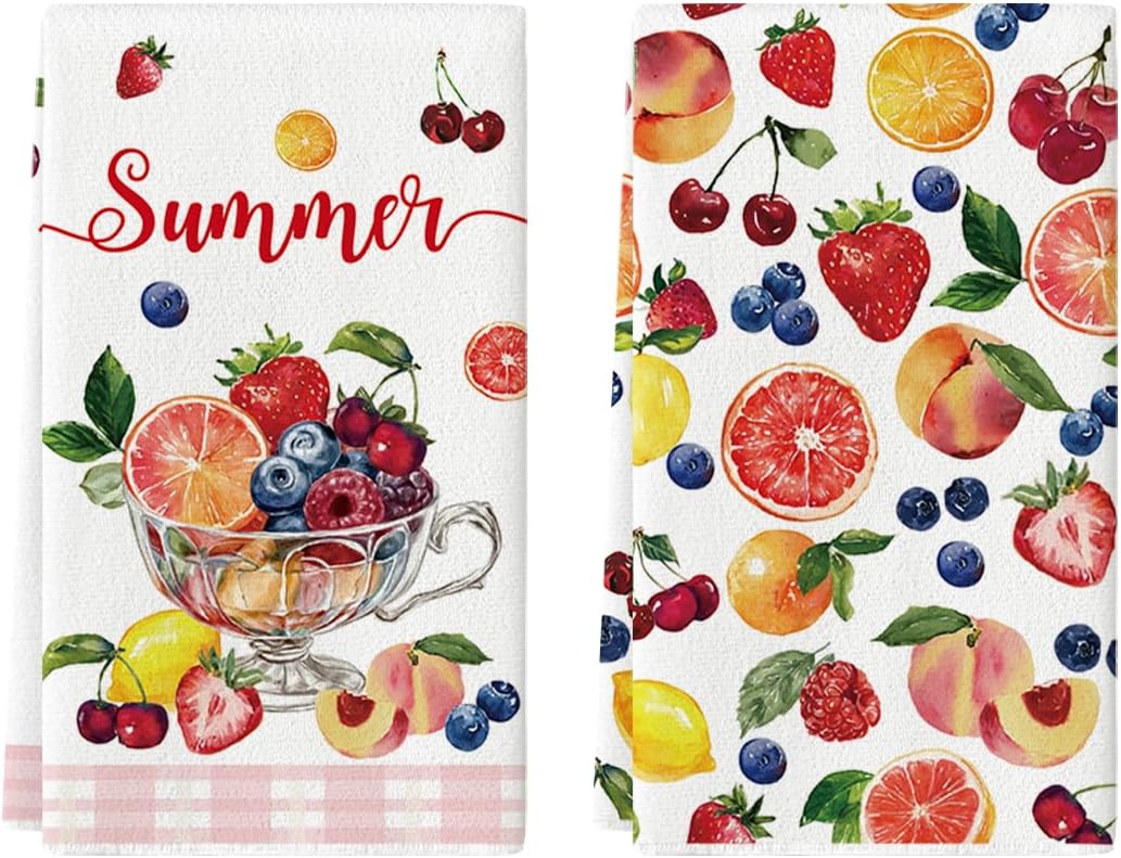 Juego de 2 toallas de cocina verano con copa de limones y fresas naranjas