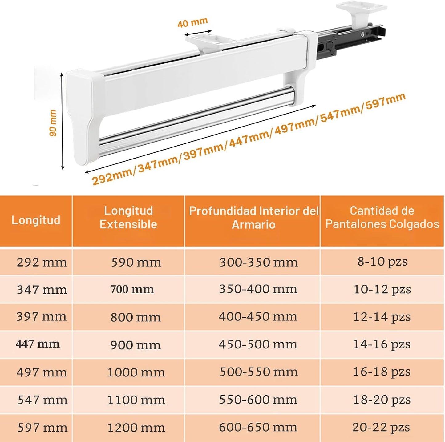 Barra valet extraíble acero ajustable para armario 11.5"