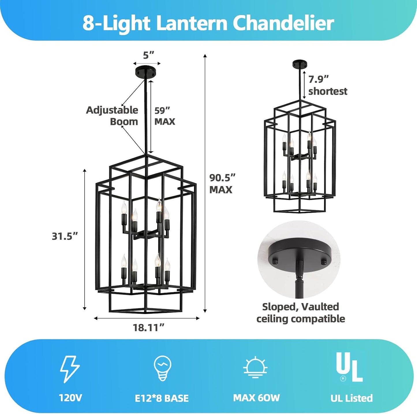 Candelabro negro 8 luces para techos altos vestíbulo