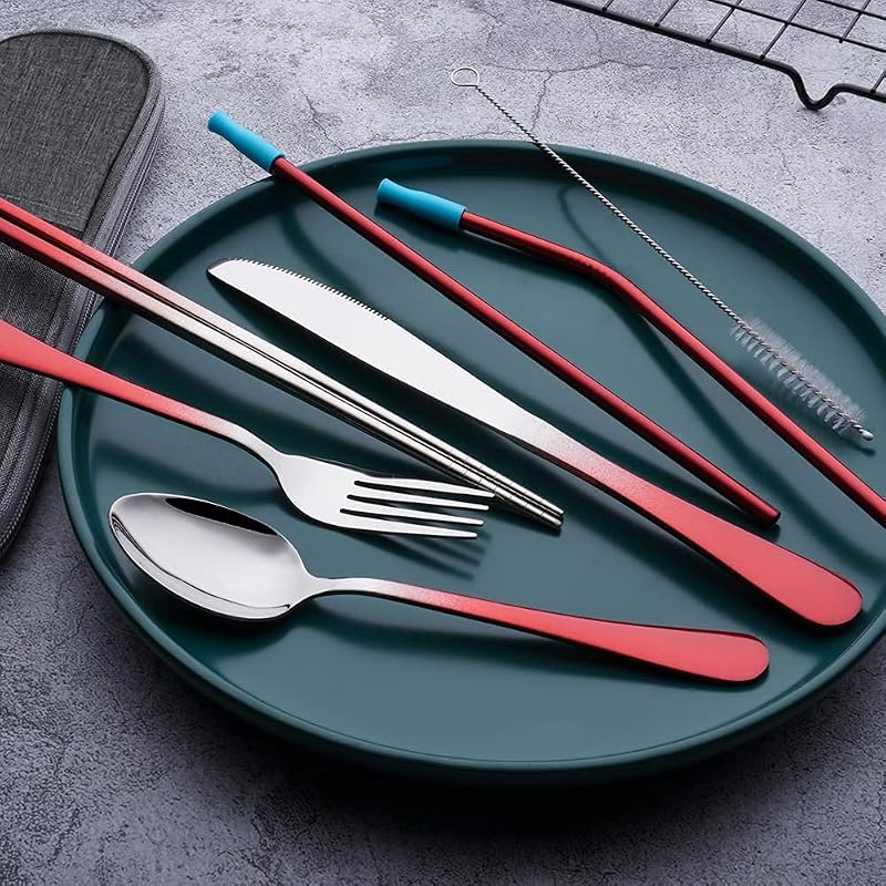 Set 8 Pzas Utensilios Viaje Acero Inox Rojo Degradado