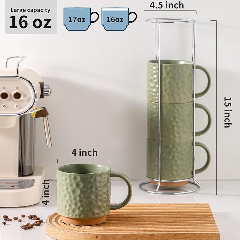Set 4 Tazas Cerámica 16oz Inox Soporte Capuchino Té