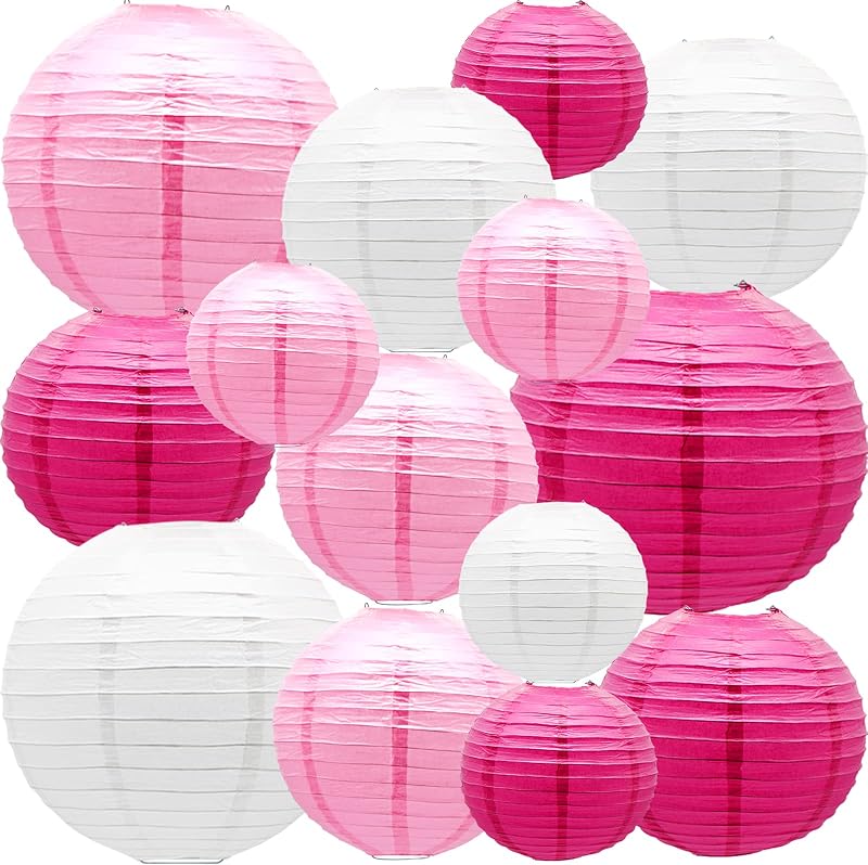 14 Linternas Papel Rosa Blanco 10x8x6pulg Colgantes