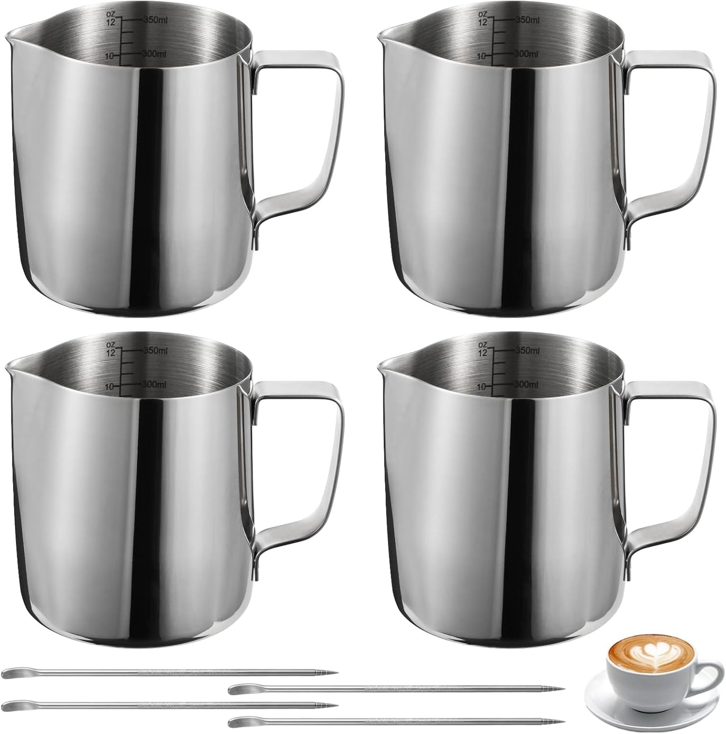 4 Jarras Espuma Leche Inox 12oz con Aguja Expreso