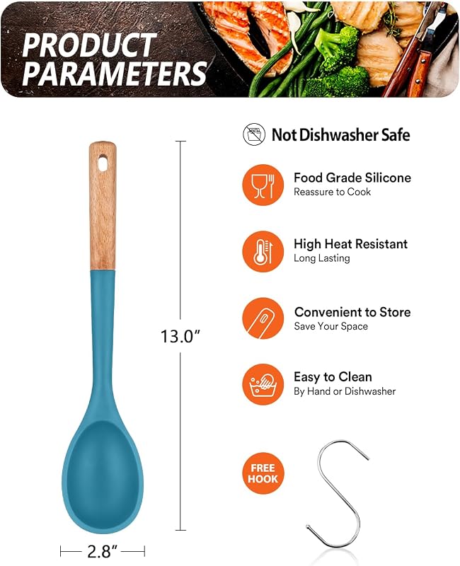 Cucharas silicona antiadherente mango madera 13.2pulg azul