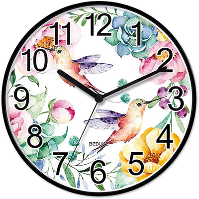 Reloj pared silencioso cuarzo 11pulg flor colibrí decorativo