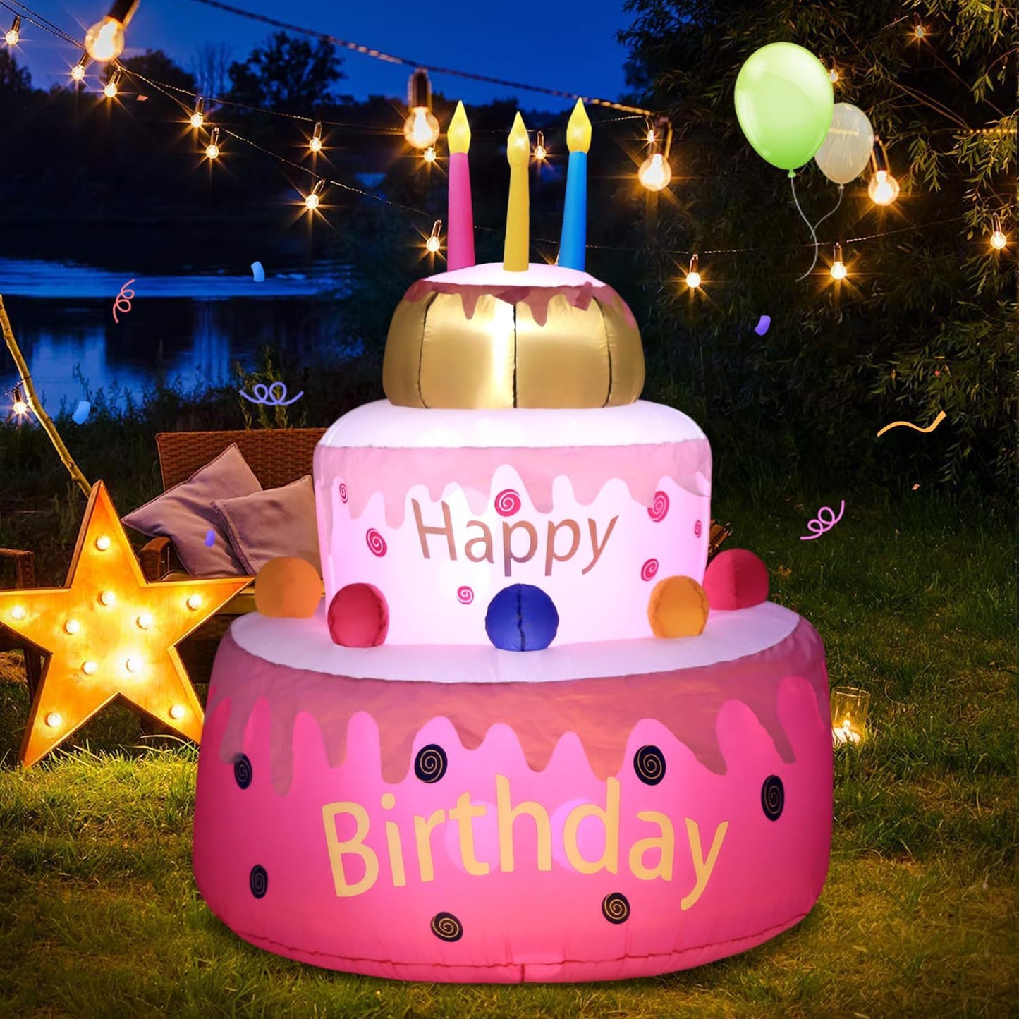 Decoración inflable pastel cumpleaños 5.5ft con luces LED