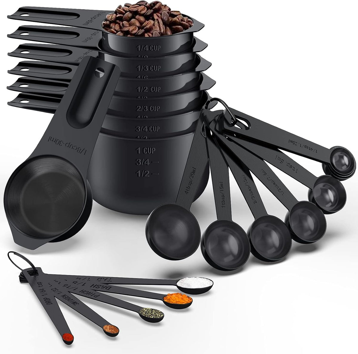 Set 21 Tazas y Cucharas Acero Inox Apilables para Cocina