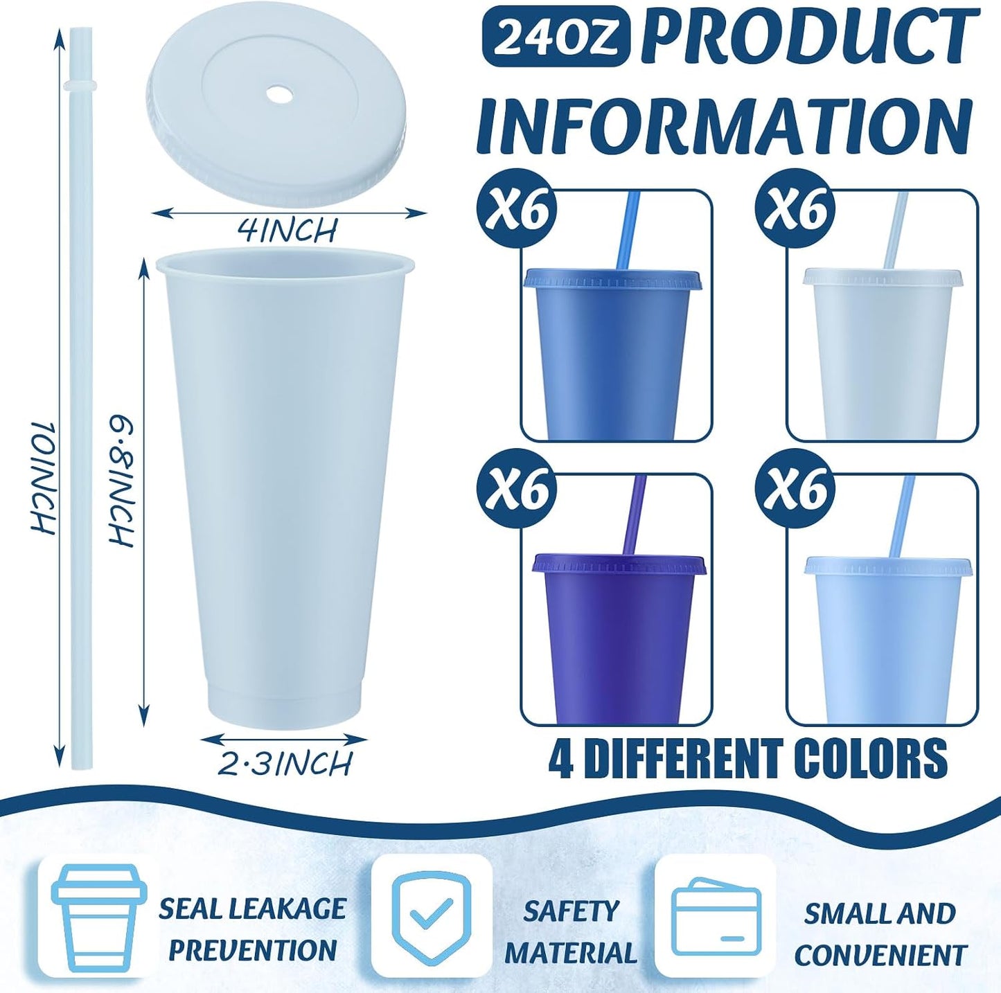 24 Vasos Plástico Gris Azul con Tapas Pajitas 24oz
