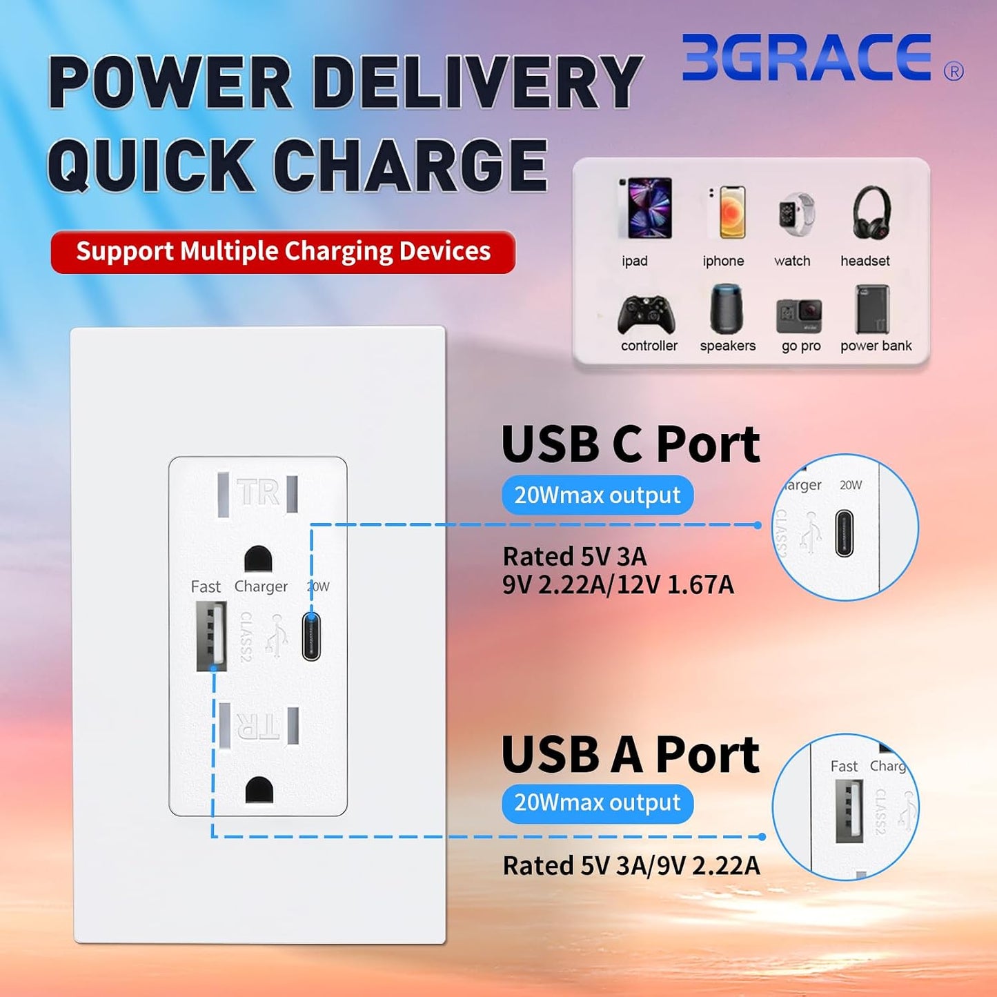 Toma corriente USB pared con puertos USB C 4.2A 15A resistente