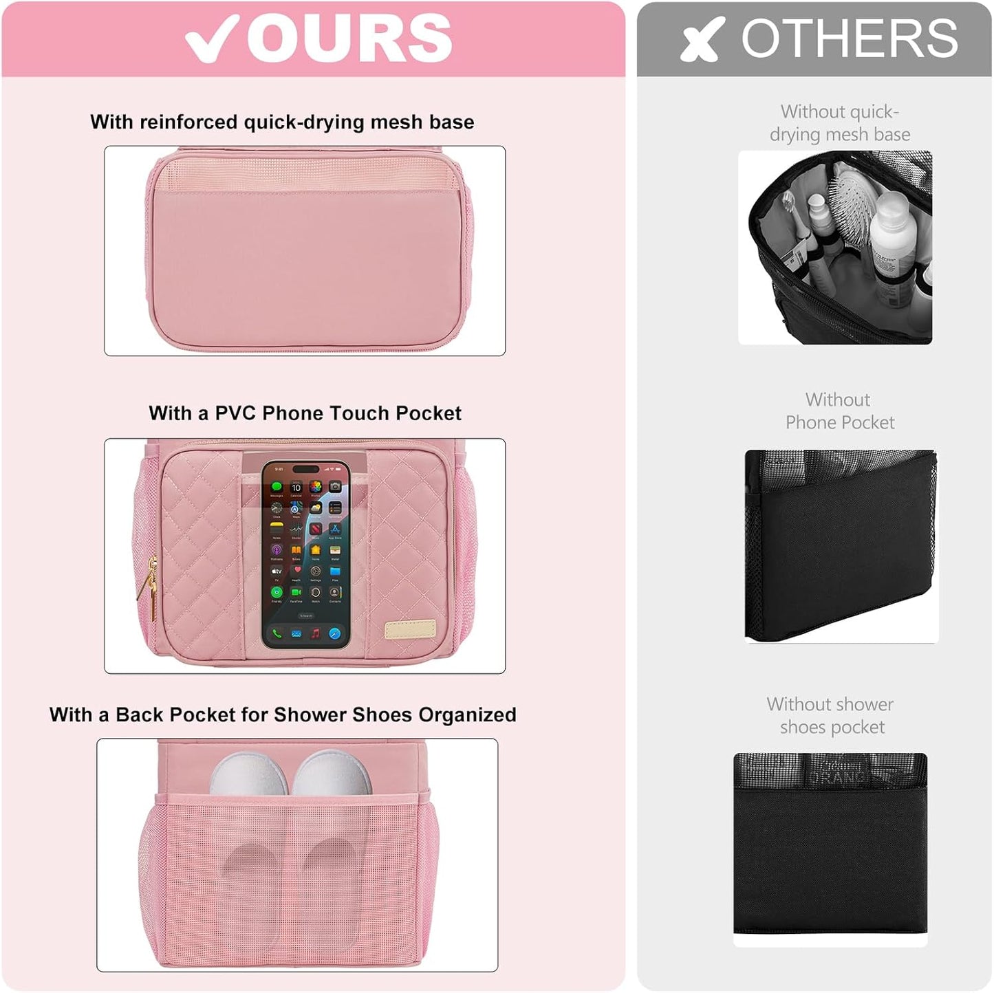 Bolsa organizadora ducha 2 capas malla secado rápido rosa