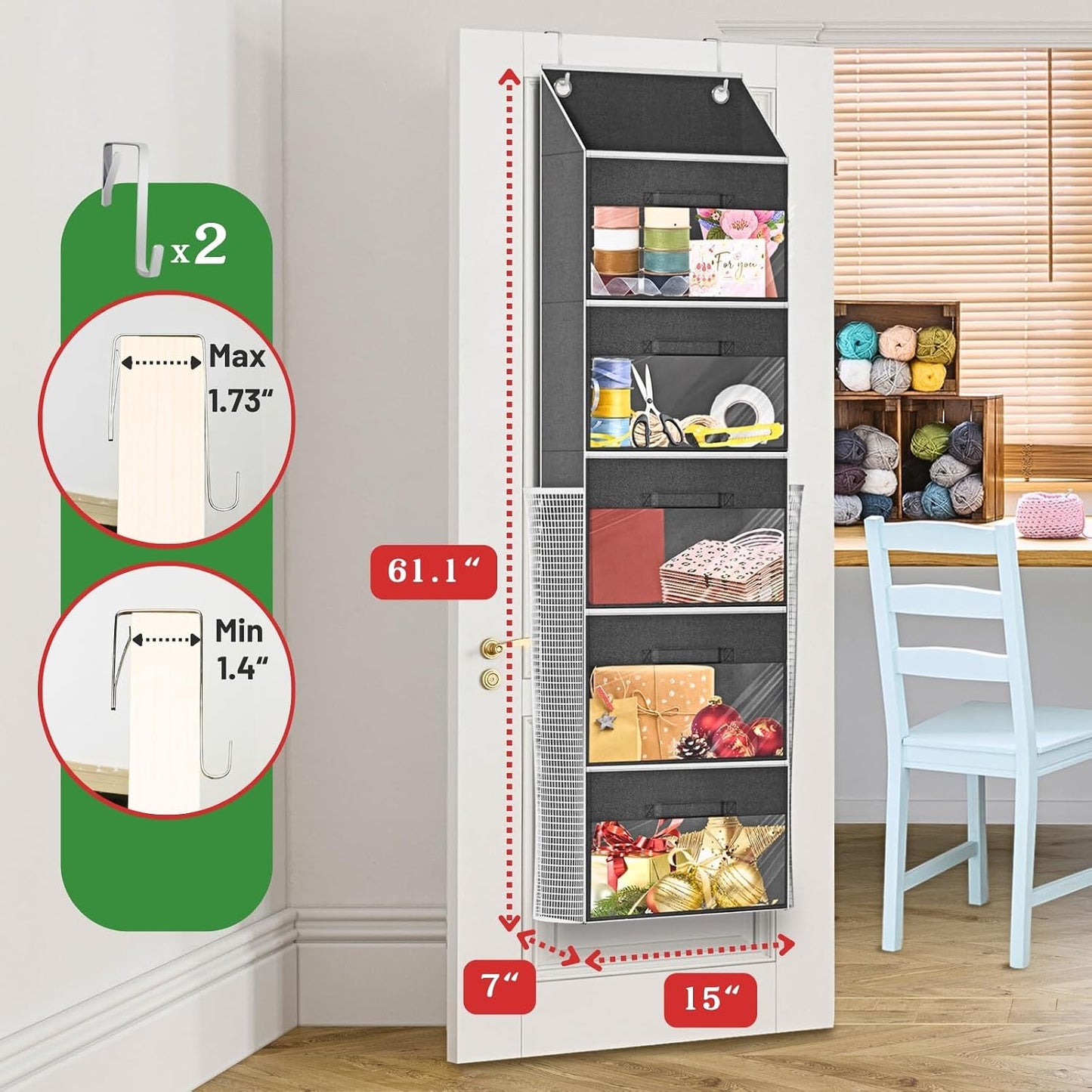Organiz. papel regalo puerta 5 cajones 2 bolsillos cintas lazos
