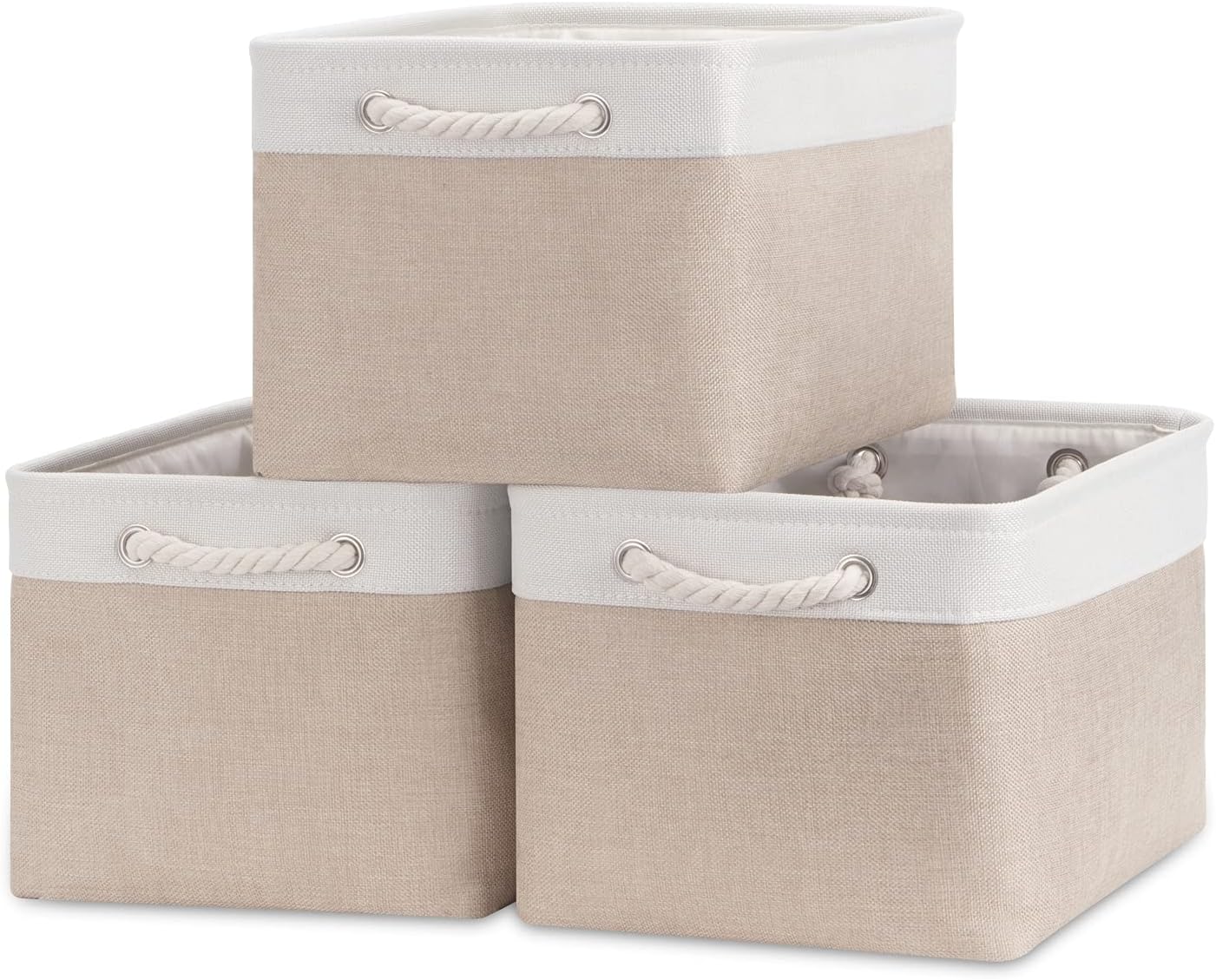 3 Pzas Cestas Tela Asas 15x11" Plegables Blanco Beige