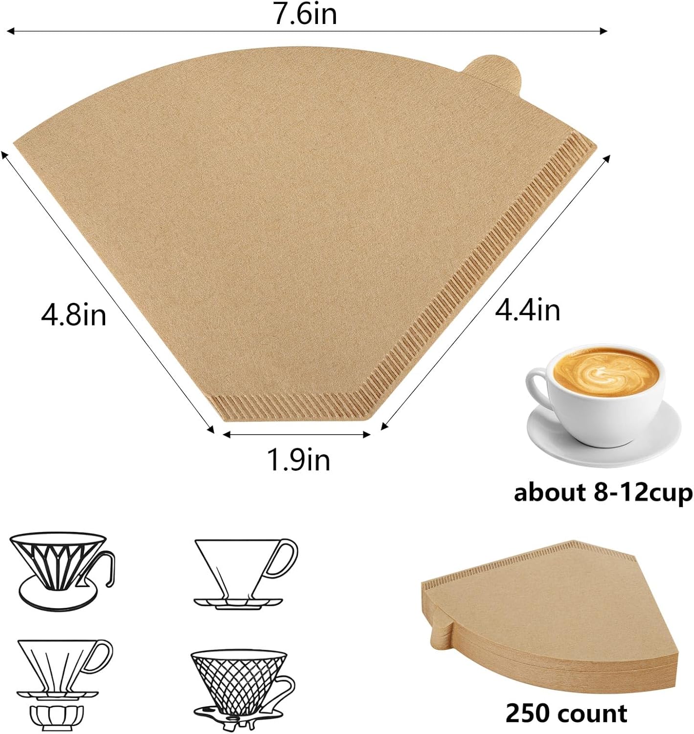 250 filtros de café cono papel natural sin blanquear para cafeteras 8-12 tazas