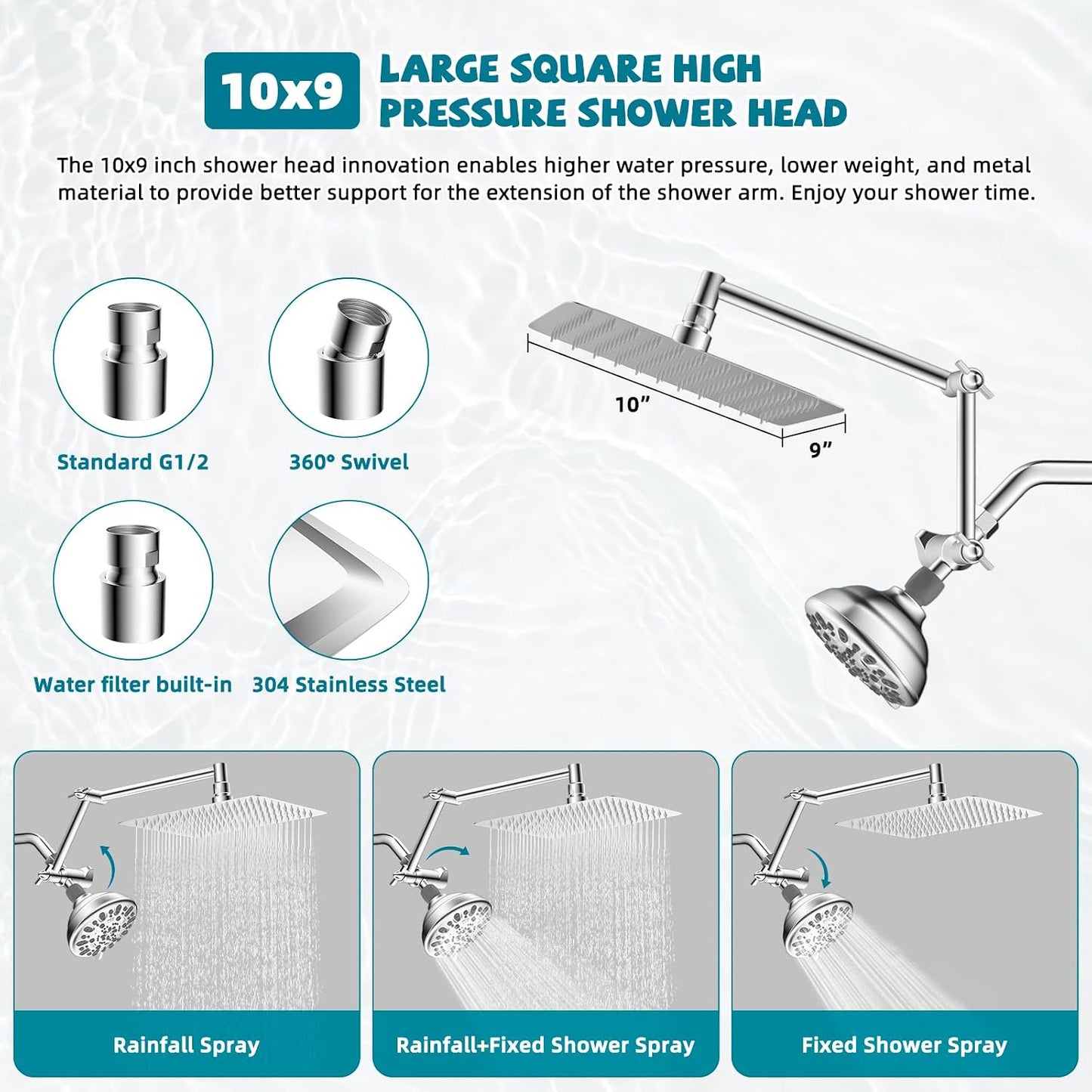 Cabezal ducha metal 10pulg con brazo 16pulg 7 modos cromo