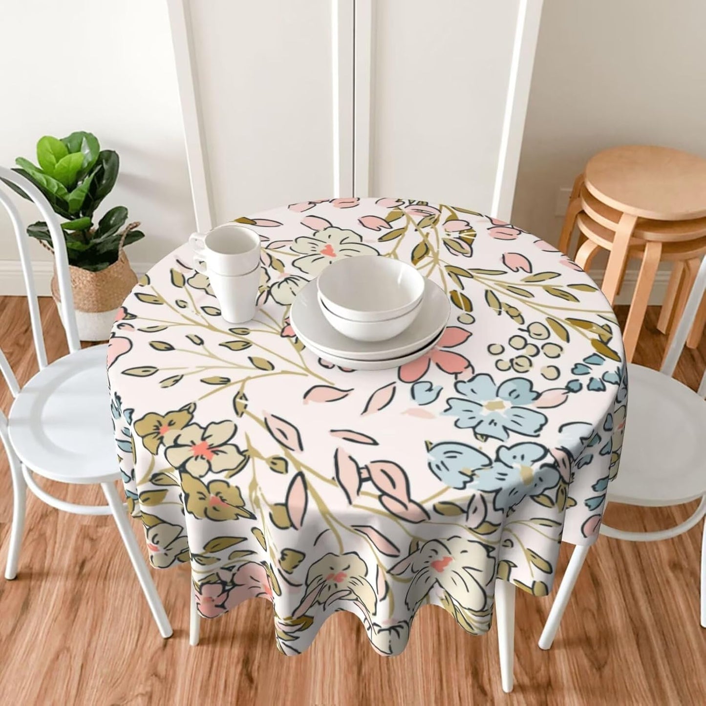 Mantel redondo floral rosa 70pulg patrón flores lavable