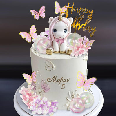 Decoración pastel unicornio flor mariposa cumpleaños niña